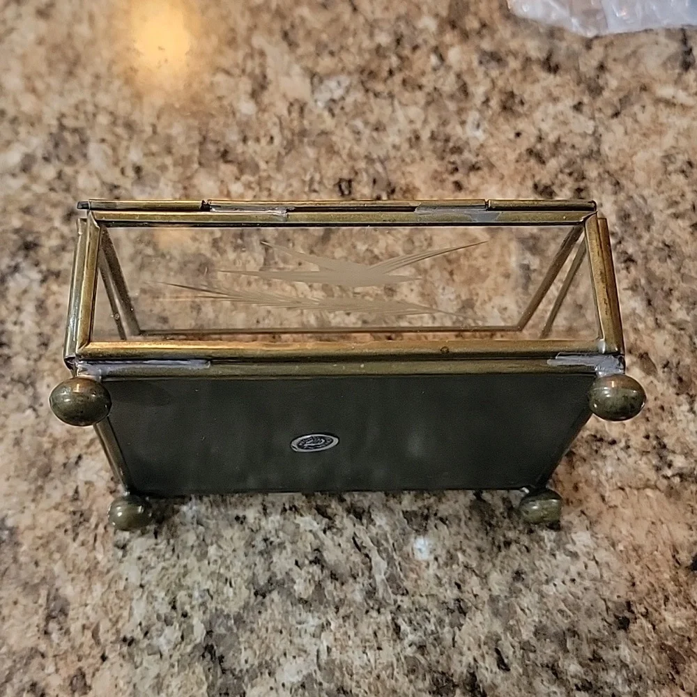 Vintage Hecho Glass Etched Glass Bird Jewelry Trinket Box